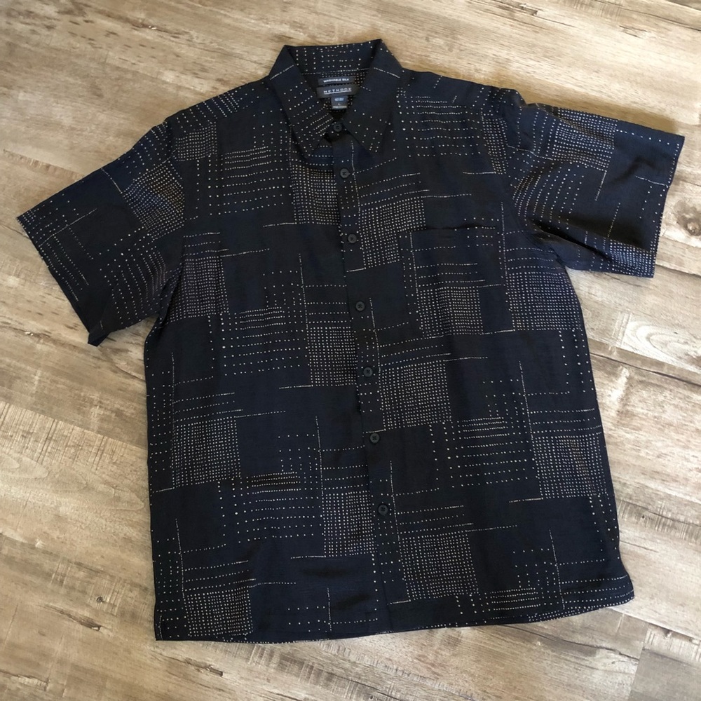 Methode Men’s 100% Silk Black & Tan Short Sleeve Button up shirt Large